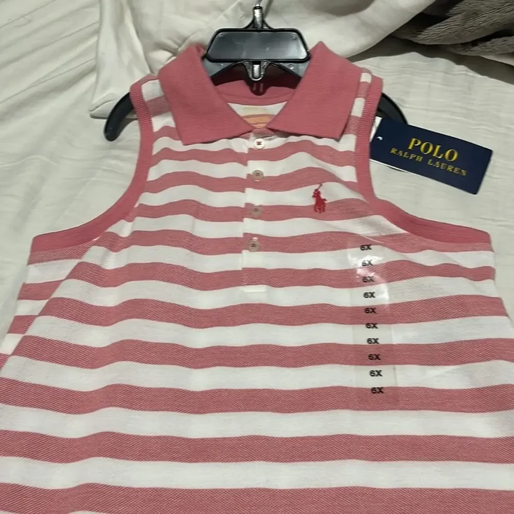 Ralph Lauren 6x faded red white stripe drop waist dress ruffled lace hem nwt